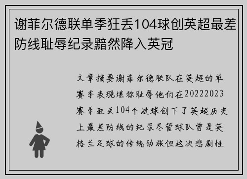 谢菲尔德联单季狂丢104球创英超最差防线耻辱纪录黯然降入英冠