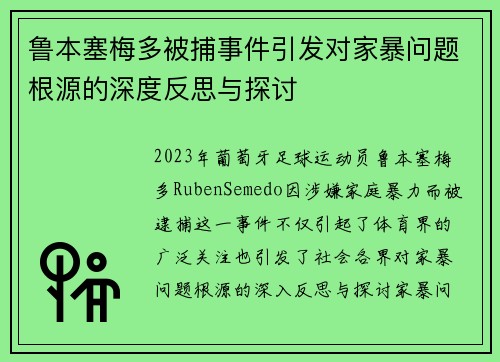 鲁本塞梅多被捕事件引发对家暴问题根源的深度反思与探讨 鲁本塞梅多被捕事件引发对家暴问题根源的深度反思与探讨