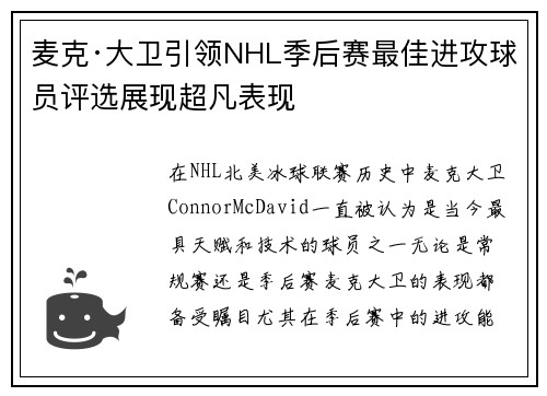 麦克·大卫引领NHL季后赛最佳进攻球员评选展现超凡表现